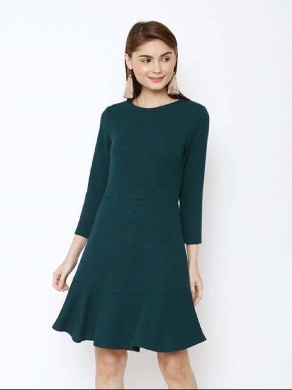 Gap Dark Green Fit And Flutter Long Sleeve Dress